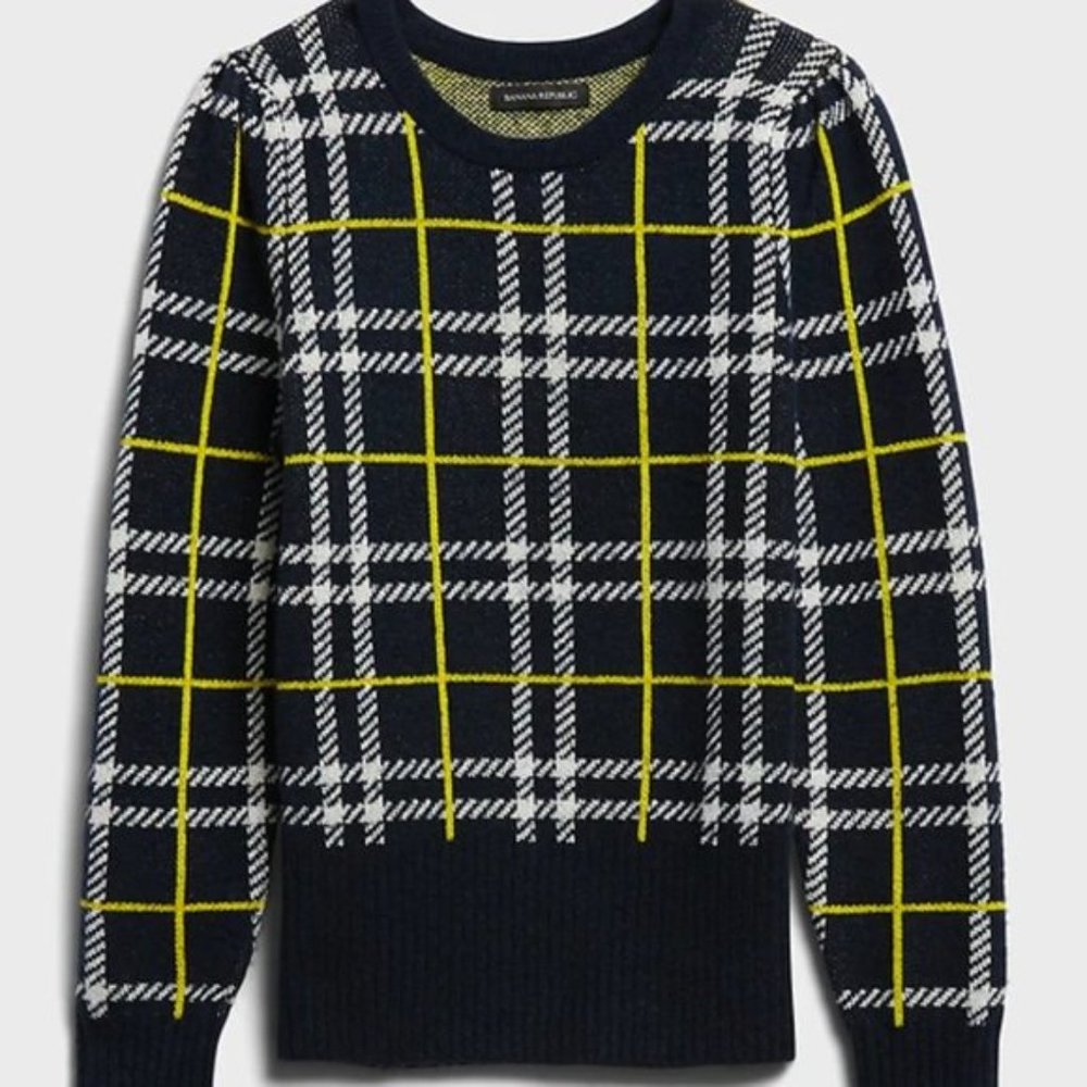 Banana Republic Aire Puff-Sleeve Sweater in Navy & Chartreuse Plaid | Petite XXS